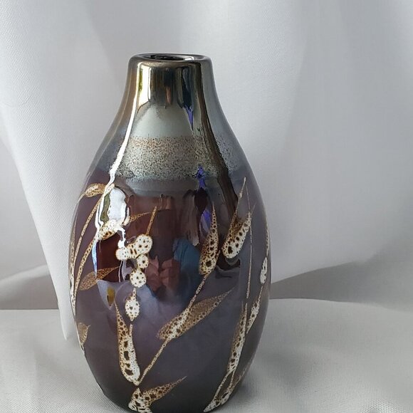 VTG Ceramic 5" Vase With Metallic Finish Brown with Wheat Design Bud Vase - Picture 12 of 12